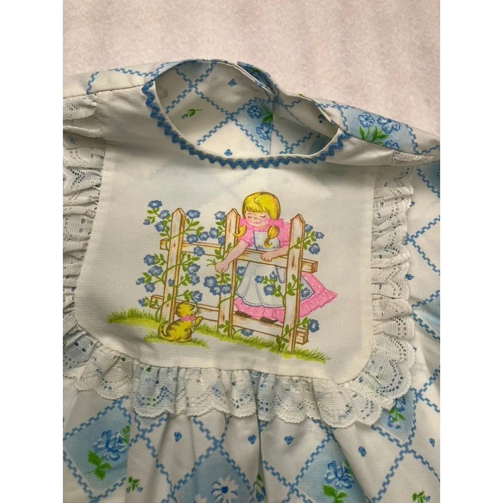 Vintage Pajamas Kids Size 8 Blue White Floral Lace Ruffle 70s Sleepwear‎ Set